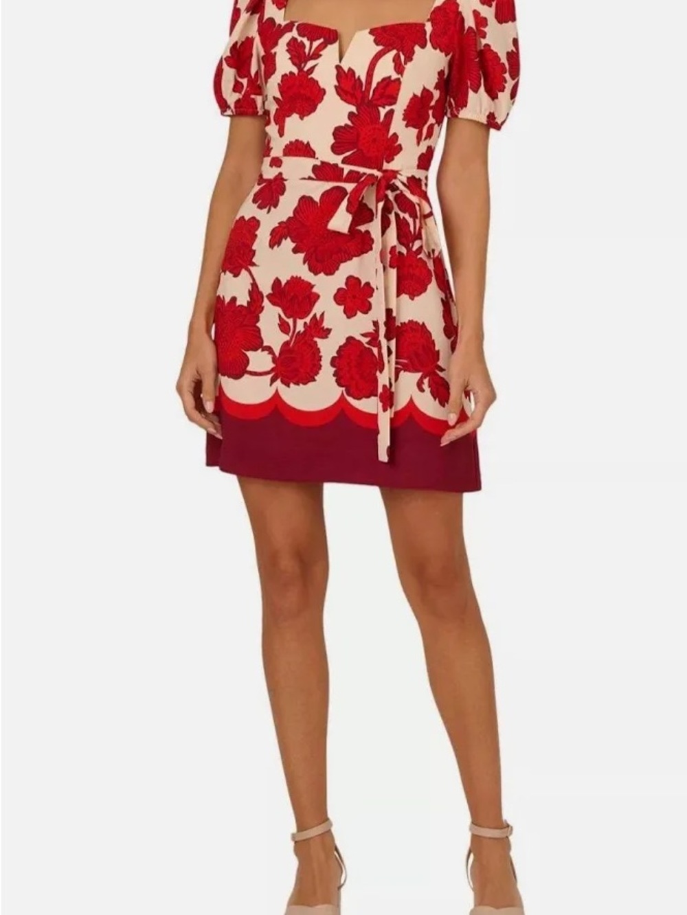NWT Adrianna Papell Red & Cream Floral Tie-Waist Mini Dress